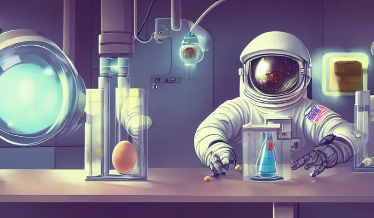 "An astronaut working in a lab, there is a series of eggs ready to hatch baby snakes on the table, experiments running, beakers, test tubes, cyberpunk trending on artstation" -s50 -W800 -H450 -C7.5 -Ak_lms -S98801549
