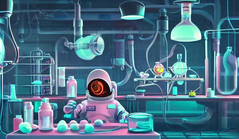 "An astronaut working in a lab, there is a series of eggs ready to hatch baby snakes on the table, experiments running, beakers, test tubes, cyberpunk trending on artstation, neon lighting, volumetric lighting, pink lighting" -s50 -W800 -H450 -C7.5 -Ak_lms -S2274808816