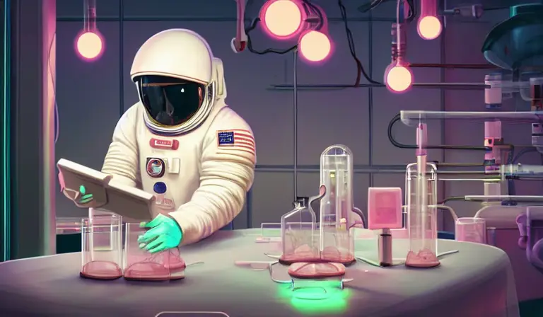 "An astronaut working in a lab, there is a series of eggs ready to hatch baby snakes on the table, experiments running, beakers, test tubes, cyberpunk trending on artstation, neon lighting, volumetric lighting, pink lighting" -s50 -W800 -H450 -C7.5 -Ak_lms -S4048189038