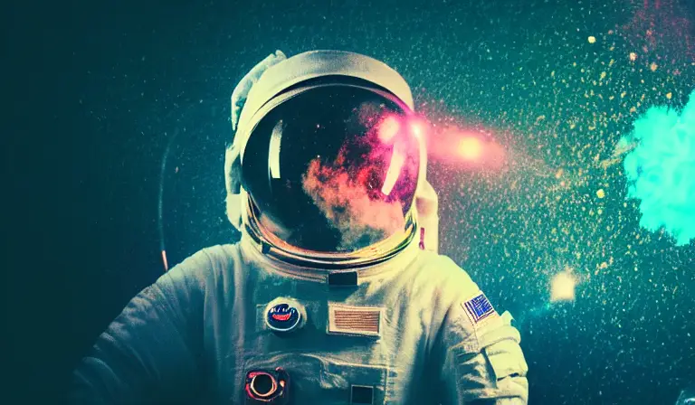 "An astronaut working in a lab, colorful explosion, powder, particles, smoke, 35mm, bokeh, fog, f1.2, shallow depth of field, experiments running, beakers, test tubes, cyberpunk, octane render, trending on artstation, neon lighting, volumetric lighting, pink lighting" -s50 -W800 -H450 -C7.5 -Ak_lms -S2678273305