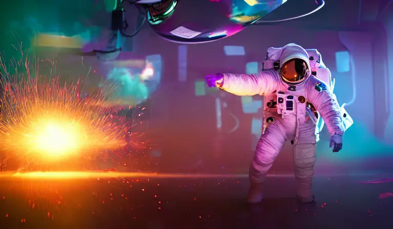 Astronaut doing a mic drop with explosion