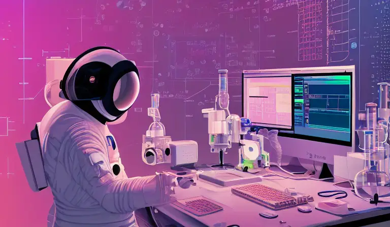 "An astronaut working in a lab, hacking on a computer terminal, htop is running, shallow depth of field beakers, test tubes, volumetric lighting, pink lighting, by victo ngai, killian eng vibrant colours, dynamic lighting, digital art" -s50 -W768 -H448 -C7.5 -Ak_lms -S3617210203