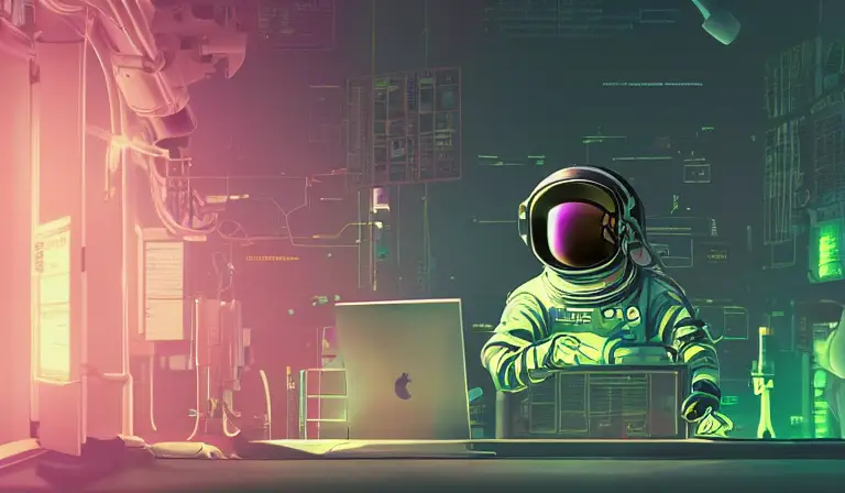 "An astronaut working in a lab, hacking on a computer terminal, htop is running, shallow depth of field beakers, test tubes, volumetric lighting, pink lighting, by victo ngai, killian eng vibrant colours, dynamic lighting, digital art" -s50 -W768 -H448 -C7.5 -Ak_lms -S3617210203