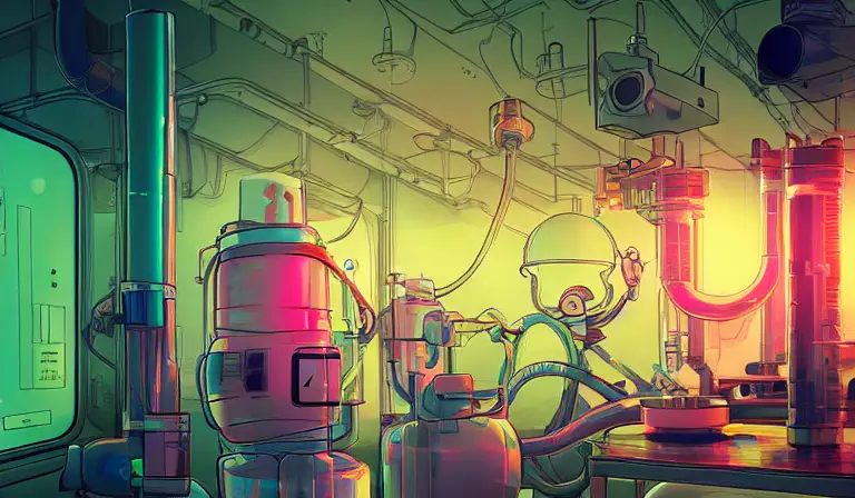 "An atronaut working in a lab, there is a long snake working along side, shallow depth of field beakers, test tubes, volumetric lighting, pink lighting, by victo ngai, killian eng vibrant colours, dynamic lighting, digital art" -s50 -W768 -H448 -C7.5 -Ak_lms -S2250540408