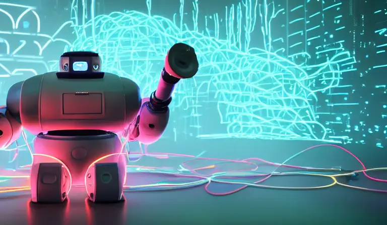 An very large overweight robot working on a nuclear core being help up by glowing aqua neon wires in a lab, f1.2, shallow depth of field, fog, bokeh, experiments running, beakers, test tubes, cyberpunk, octane render, trending on artstation, neon lighting, volumetric lighting, pink lighting
