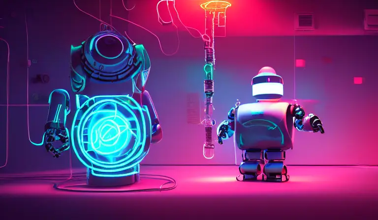 An very large overweight robot working on a nuclear core being help up by glowing aqua neon wires in a lab, f1.2, shallow depth of field, fog, bokeh, experiments running, beakers, test tubes, cyberpunk, octane render, trending on artstation, neon lighting, volumetric lighting, pink lighting