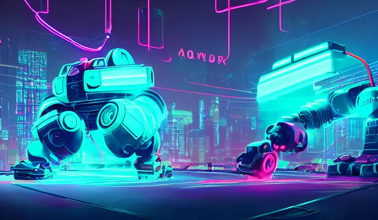 An very large overweight robot working on a nuclear core being help up by glowing aqua neon wires, delicate artwork, f1.2, shallow depth of field, fog, bokeh, cyberpunk, octane render, trending on artstation, neon lighting, volumetric lighting, pink lighting