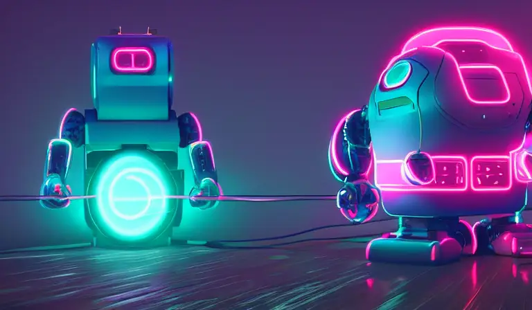 An very large overweight robot working on a nuclear core being help up by glowing aqua neon wires, delicate artwork, f1.2, shallow depth of field, fog, bokeh, cyberpunk, octane render, trending on artstation, neon lighting, volumetric lighting, pink lighting