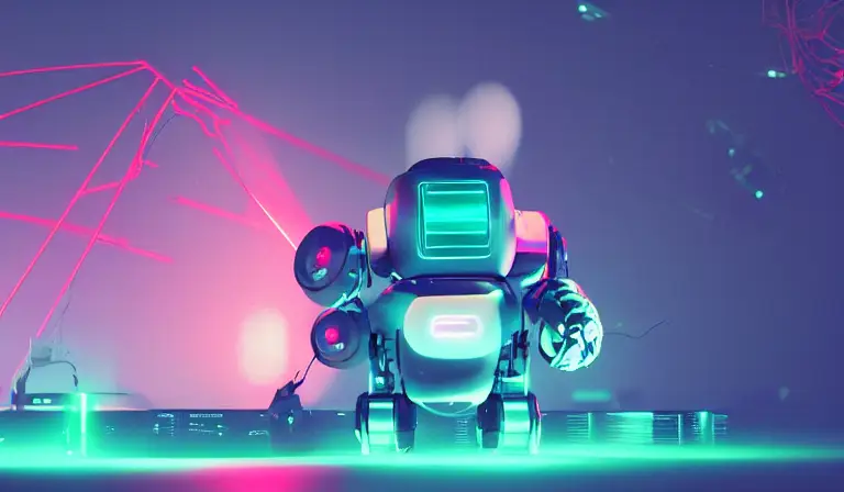 An very large overweight robot brought to its knees by dead batteries, on a nuclear core being help up by glowing aqua neon wires, delicate artwork, f1.2, shallow depth of field, fog, bokeh, cyberpunk, octane render, trending on artstation, neon lighting, volumetric lighting, pink lighting