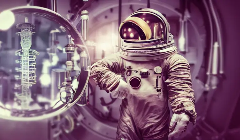 a steampunk astronaut working in a lab, delicate, beakers, experiments, mechanisms, pink volumetric lighting shallow depth of field