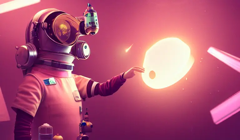a steampunk astronaut working in a lab, delicate, beakers, experiments, mechanisms, pink volumetric lighting shallow depth of field, octane render, neon lighting