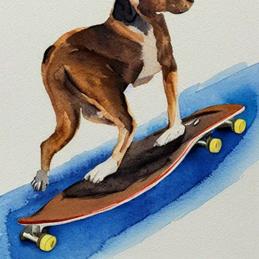 Watercolor painting of a dog riding a skateboard
