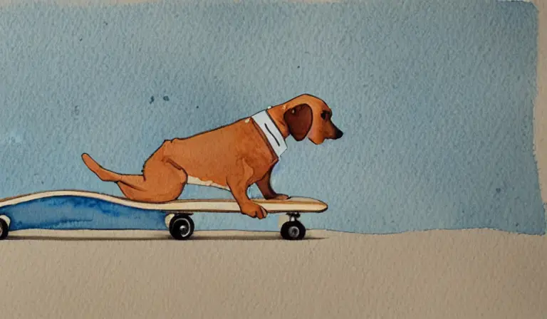 simplistic Watercolor painting of a dog riding a skateboard