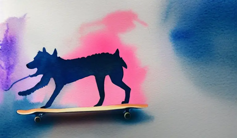 simplistic Watercolor painting of a dog riding a skateboard pink volumetric lighting