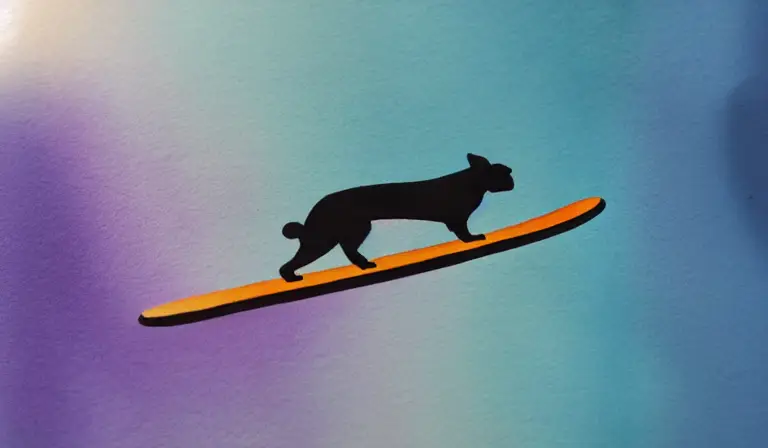 simplistic Watercolor painting of a dog riding a skateboard pink volumetric lighting