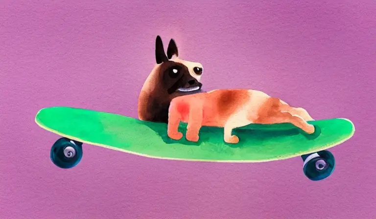 simplistic Watercolor painting of a dog riding a skateboard pink back lighting