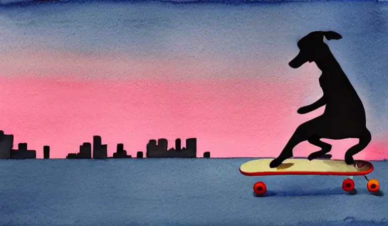 simplistic Watercolor painting of a dog riding a skateboard through a city at dusk pink back lighting