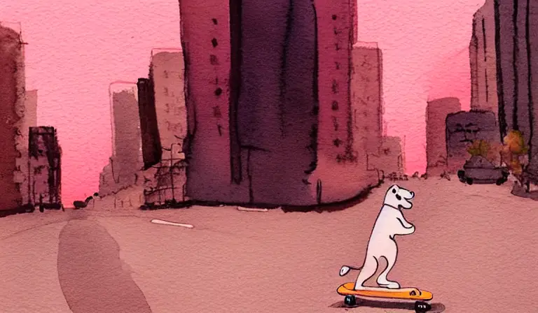 simplistic Watercolor painting of a dog riding a skateboard through a city at dusk pink back lighting
