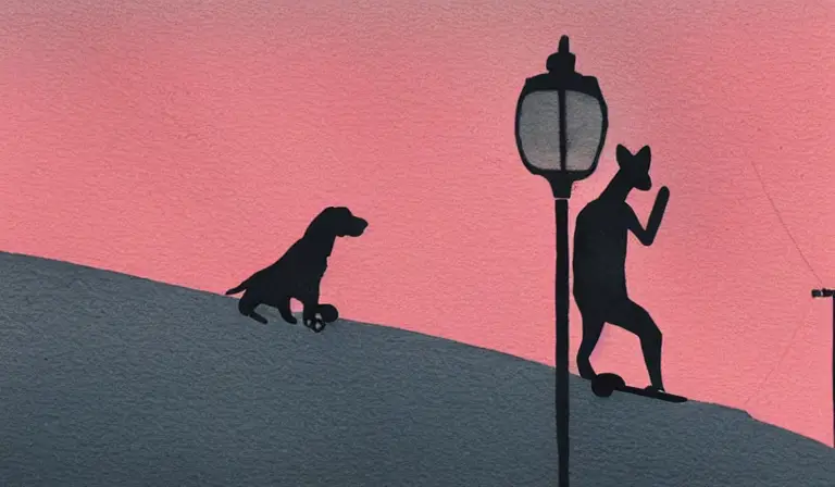 simplistic Watercolor painting of a dog riding a skateboard through a city at dusk pink back lighting, lit up street lamps