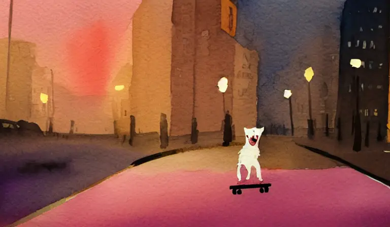 simplistic Watercolor painting of a dog with white curly fur riding a skateboard through a city at dusk pink back lighting, lit up street lamps