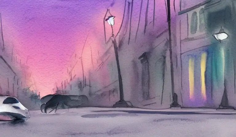 simplistic Watercolor painting of a dog with white curly fur riding a skateboard through a city at dusk pink back lighting, lit up street lamps