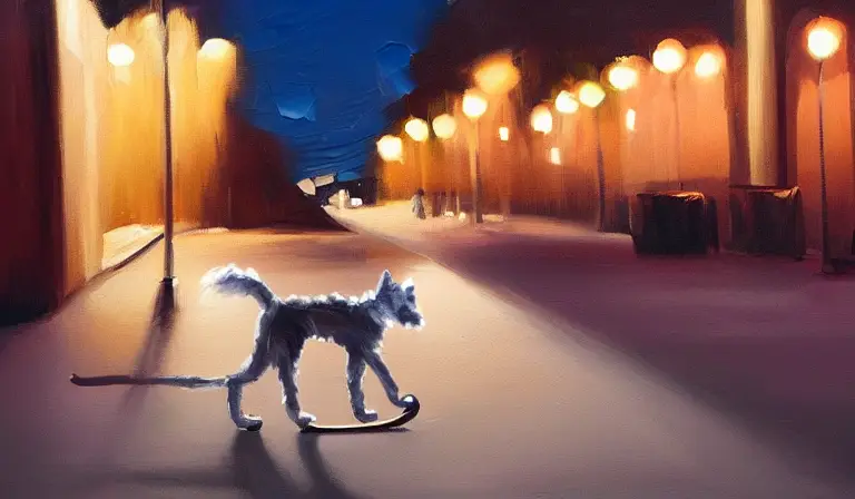 simplistic oil painting of a dog with white curly fur riding a skateboard through a city at dusk pink back lighting, lit up street lamps trending on artstation
