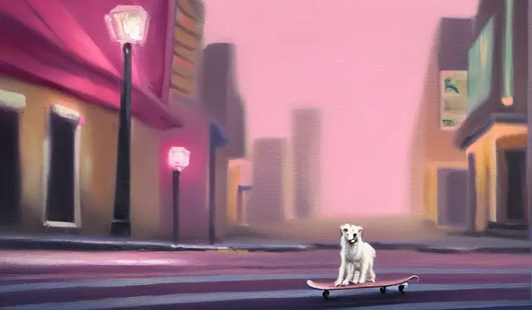 simplistic oil painting of a dog with white curly fur riding a skateboard through a city at dusk pink back lighting, lit up street lamps trending on artstation