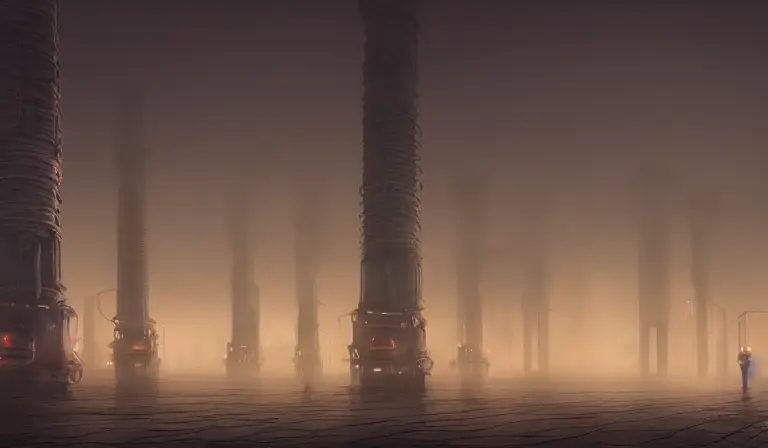 a highly detailed matte painting of a soviet steampunk pylons in fog at night by studio ghibli, makoto shinkai, by artgerm, by wlop, by greg rutkowski, volumetric lighting, octane render, 4 k resolution, trending on artstation, masterpiece