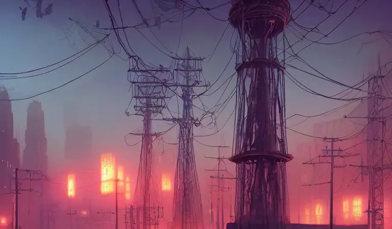 a highly detailed matte painting of a soviet steampunk pylons in fog at night by studio ghibli, neon glowing wires, makoto shinkai, by artgerm, by wlop, by greg rutkowski, volumetric lighting, octane render, 4 k resolution, trending on artstation, masterpiece