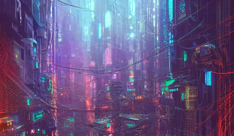 Glowing chains of interconnected network of technological cubes, in the middle of a futuristic cyberpunk dubai city, in the art style of dan mumford and marc simonetti, atmospheric lighting, intricate, volumetric lighting, beautiful, sharp focus, ultra detailed