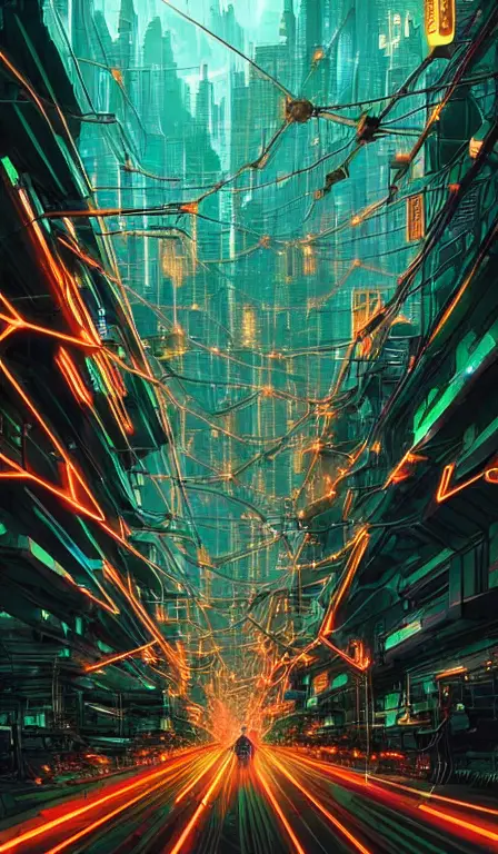 Glowing chains of interconnected network of technological cubes, in the middle of a futuristic cyberpunk dubai city, in the art style of dan mumford and marc simonetti, atmospheric lighting, intricate, volumetric lighting, beautiful, sharp focus, ultra detailed
