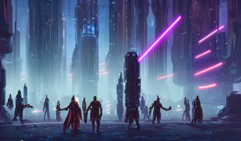 A group of jedi stand in Glowing chains of interconnected network of technological cubes, in the middle of a futuristic cyberpunk dubai city, in the art style of dan mumford and marc simonetti, atmospheric lighting, intricate, volumetric lighting, beautiful, sharp focus, ultra detailed