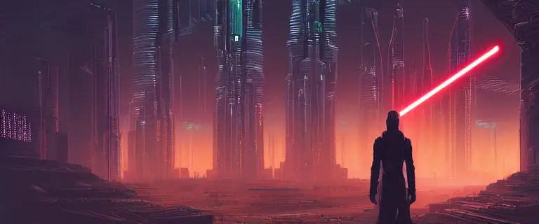 "One lone jedi stands in Glowing chains of interconnected network of technological cubes, in the middle of a futuristic cyberpunk dubai city, in the art style of dan mumford and marc simonetti, atmospheric lighting, intricate, volumetric lighting, beautiful, sharp focus, ultra detailed" -s50 -W800 -H350 -C7.5 -Ak_lms -S1657735302
