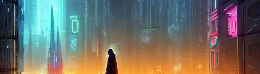 One lone jedi stands in Glowing chains of interconnected network of technological cubes, in the middle of a futuristic cyberpunk dubai city, in the art style of dan mumford and marc simonetti, atmospheric lighting, intricate, volumetric lighting, beautiful, sharp focus, ultra detailed