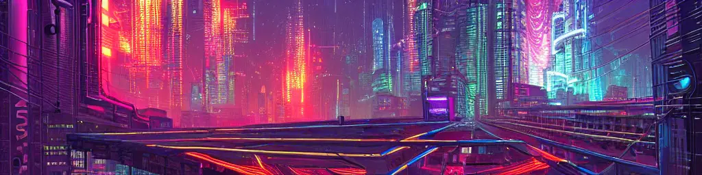 Glowing chains of interconnected network of technological cubes, in the middle of a futuristic cyberpunk gotham city, in the art style of dan mumford and marc simonetti, atmospheric lighting, intricate, volumetric lighting, beautiful, sharp focus, ultra detailed