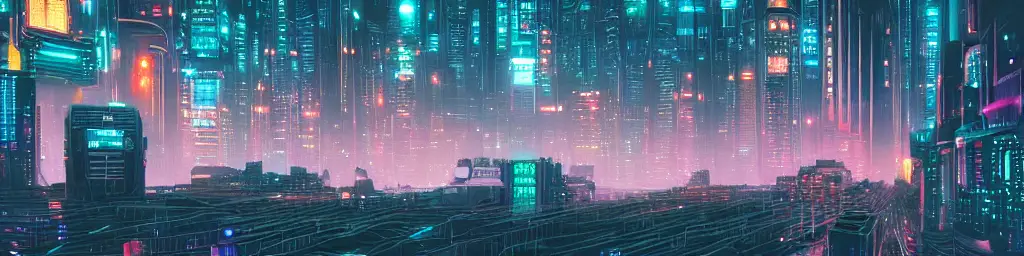 Glowing chains of interconnected network of technological cubes, in the middle of a futuristic cyberpunk gotham city, in the art style of dan mumford and marc simonetti, atmospheric lighting, intricate, volumetric lighting, beautiful, sharp focus, ultra detailed