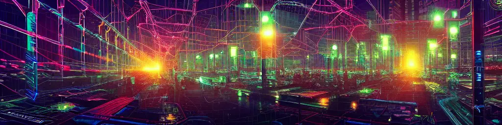 Glowing chains of interconnected network of technological cubes, in the middle of a futuristic cyberpunk chicago, in the art style of dan mumford and marc simonetti, atmospheric lighting, intricate, volumetric lighting, beautiful, sharp focus, ultra detailed