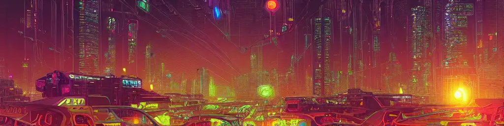 Glowing chains of interconnected network of technological cubes, in the middle of a futuristic cyberpunk chicago, in the art style of dan mumford and marc simonetti, atmospheric lighting, intricate, volumetric lighting, beautiful, sharp focus, ultra detailed