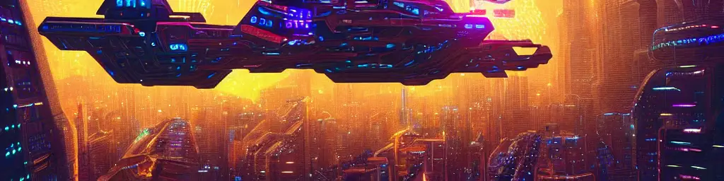 A lone star ship flying over a Glowing chains of interconnected network of technological cubes, in the middle of a futuristic cyberpunk chicago, in the art style of dan mumford and marc simonetti, atmospheric lighting, intricate, volumetric lighting, beautiful, sharp focus, ultra detailed
