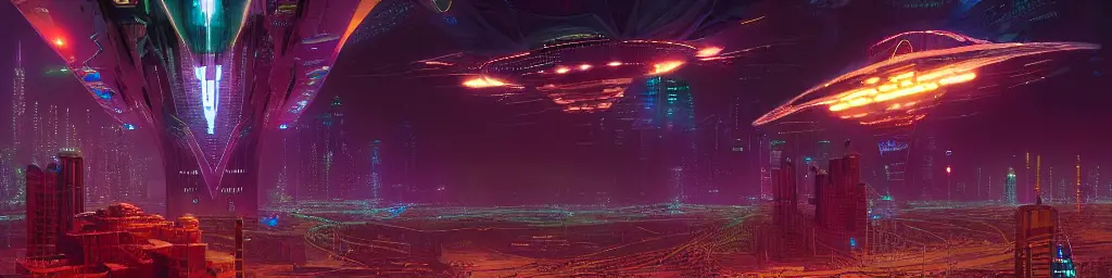 A lone star ship flying over a Glowing chains of interconnected network of technological cubes, in the middle of a futuristic cyberpunk dubai city, in the art style of dan mumford and marc simonetti, atmospheric lighting, intricate, volumetric lighting, beautiful, sharp focus, ultra detailed