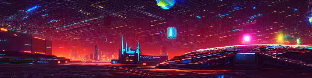 A lone star cruiser flying over a Glowing chains of interconnected network of technological cubes, in the middle of a futuristic cyberpunk dubai city, in the art style of dan mumford and marc simonetti, atmospheric lighting, intricate, volumetric lighting, beautiful, sharp focus, ultra detailed