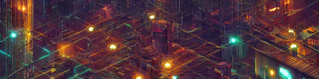 Glowing chains of interconnected network of technological cubes, in the middle of a futuristic cyberpunk underground city, in the art style of dan mumford and marc simonetti, atmospheric lighting, intricate, volumetric lighting, beautiful, sharp focus, ultra detailed