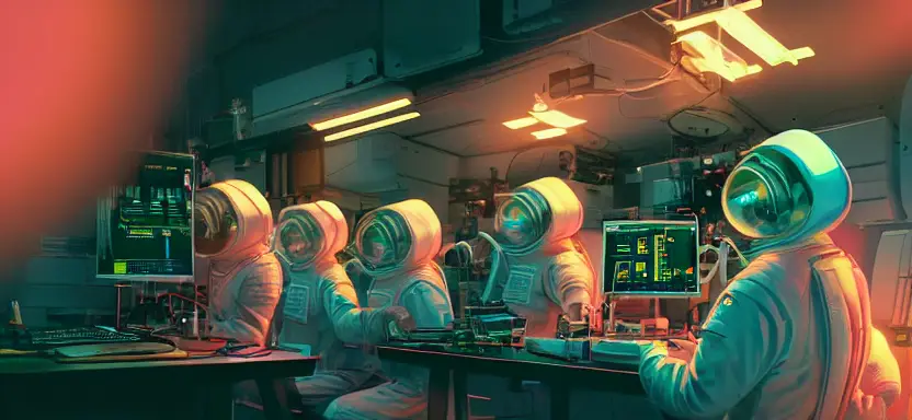 An astronaut working in a lab, forging new tools from templates, hacking on a computer terminal, htop is running, shallow depth of field beakers, test tubes, volumetric lighting, pink lighting, by victo ngai, killian eng vibrant colours, dynamic lighting, digital art