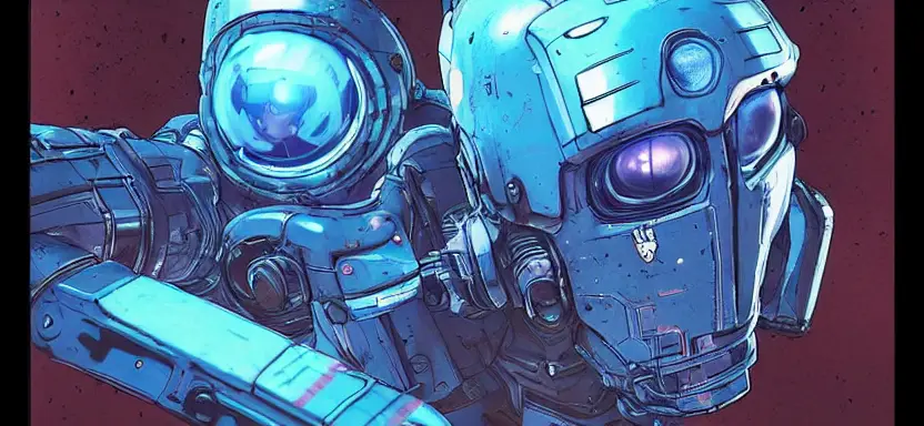 cell shaded long shot of a cybernetic blue bald soldier with glowing blue eyes as Borderlands 3 concept art, llustration, post grunge, concept art by josan gonzales and wlop, by james jean, Victo ngai, David Rubín, Mike Mignola, Laurie Greasley, highly detailed, sharp focus,alien,Trending on Artstation, HQ, deviantart, art by artgem