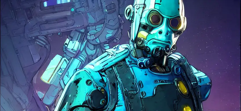 cell shaded long shot of a cybernetic blue bald soldier with glowing blue eyes as Borderlands 3 concept art, llustration, post grunge, concept art by josan gonzales and wlop, by james jean, Victo ngai, David Rubín, Mike Mignola, Laurie Greasley, highly detailed, sharp focus,alien,Trending on Artstation, HQ, deviantart, art by artgem