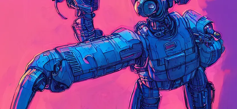 cell shaded long shot of a cybernetic blue soldier with glowing pink eyes, llustration, post grunge, pink glowing volumetric lighting, concept art by josan gonzales and wlop, by james jean, Victo ngai, David Rubín, Mike Mignola, Laurie Greasley, highly detailed, sharp focus,alien,Trending on Artstation, HQ, deviantart, art by artgem