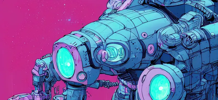 cell shaded long shot of a cybernetic blue soldier with glowing pink eyes, llustration, post grunge, pink glowing volumetric lighting, concept art by josan gonzales and wlop, by james jean, Victo ngai, David Rubín, Mike Mignola, Laurie Greasley, highly detailed, sharp focus,alien,Trending on Artstation, HQ, deviantart, art by artgem