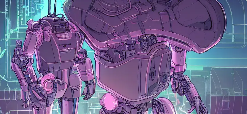 cell shaded full body shot of a cybernetic blue soldier with glowing eyes working ina lab, llustration, post grunge, pink glowing volumetric lighting, concept art by josan gonzales and wlop, by james jean, Victo ngai, David Rubín, Mike Mignola, Laurie Greasley, highly detailed, sharp focus,alien,Trending on Artstation, HQ, deviantart, art by artgem
