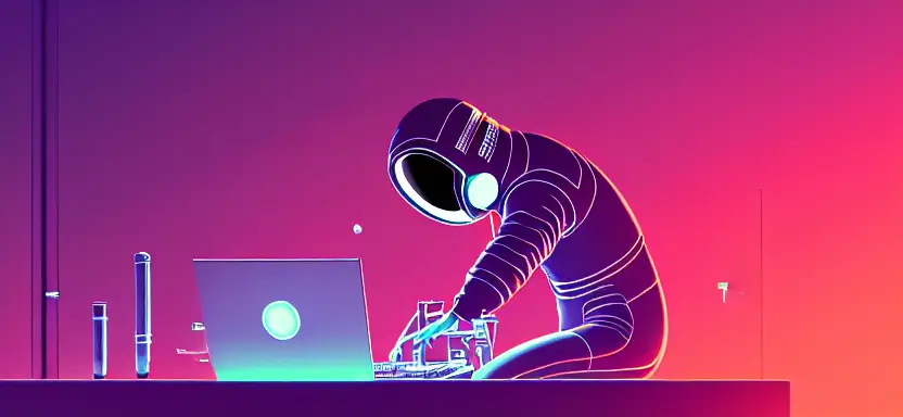 An astronaut working in a lab, forging new tools from templates, hacking on a computer terminal, htop is running, shallow depth of field beakers, test tubes, volumetric lighting, pink lighting, by victo ngai, killian eng vibrant colours, dynamic lighting, digital art