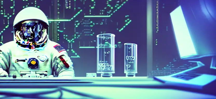 An astronaut working in a lab, hacking on a computer terminal, htop is running, the matrix, 35mm, bokeh, ray tracing, rtx, rtx, 3080 fog,f1.2, shallow depth of field, experiments running, beakers, test tubes, cyberpunk, octane render, trending on artstation, neon lighting, volumetric lighting, pink lighting,